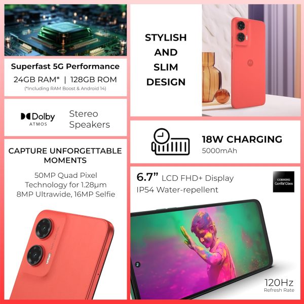 ⁦جوال G35 شبكة الجيل الخامس 5 G من موتورولا بذاكرة RAM 8 GB وشريحة اتصال PSIM - روم 128GB يونيسوك T760 شاشة POLED مقاس 6.7 بوصة 120Hz نظام اندرويد 14 أحمر ساطع شريحة واحدة⁩ - الصورة ⁦2⁩