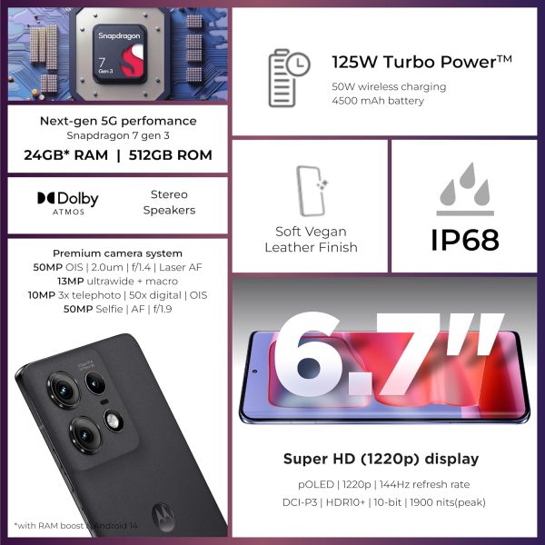 ⁦موتورولا ايدج 50 برو 5G، ذاكرة RAM 12GB+12GB، روم 512GB، سناب دراغون 7 الجيل 3، شاشة 6.7 انش 144Hz pOLED، 4500mAh تيربو باور 125 واط، اندرويد 14، اسود بيوتي⁩ - الصورة ⁦11⁩