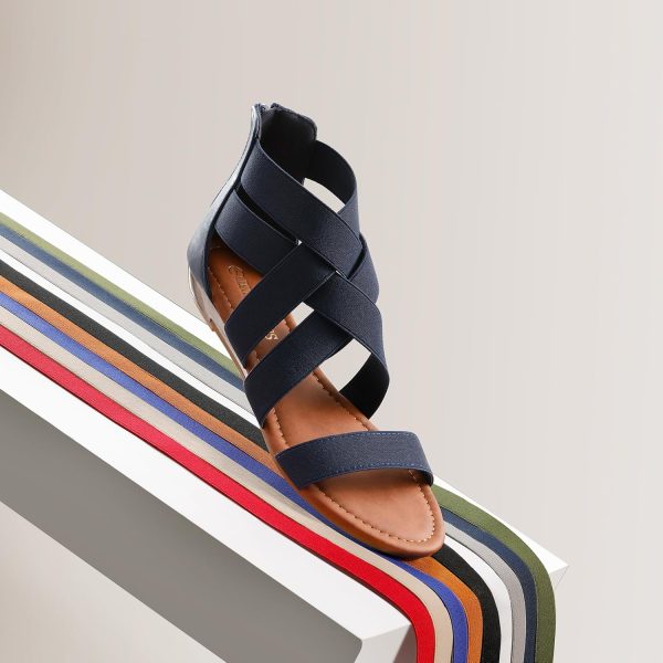 ⁦DREAM PAIRS Women's Elastica8 Navy Elastic Ankle Strap Low Wedges Sandals Size 8.5 M US⁩ - الصورة ⁦5⁩