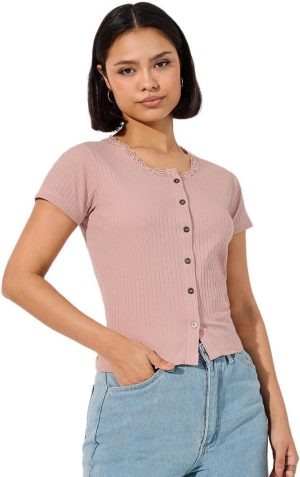 بلوزة محبوكة مضلعة بحشوة دانتيل للنساء من ستايلي