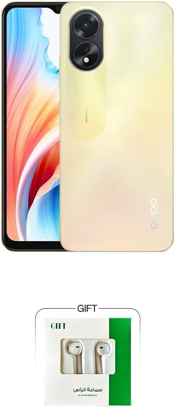جوال اوبو A38 4G اندرويد ثنائي شرائح الاتصال - RAM 4GB - تخزين 128GB - إصدار المملكة العربية السعودية مع سماعة راس بلون ذهبي متوهج