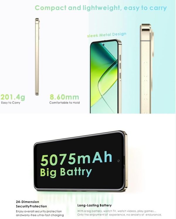 ⁦NOTE 40, Android 14, 6.8 Inch Screen, 12GB (4GB + 8GB) RAM, 128GB Internal Memory, 5075mAh Battery, 8MP+16MP+0.3MP High-Resolution Camera, 4G (Gold)⁩ - الصورة ⁦4⁩
