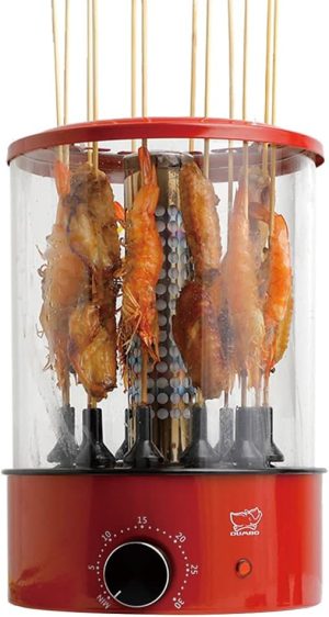 شواية كهربائية داخلية من دومبو، سيخ خروف مخبوز، دوران تلقائي 360 درجة، بدون دخان، مؤقت، 1100 واط، 220-240 فولت، 60 هرتز، TK-12D احمر مع مجموعة شواية