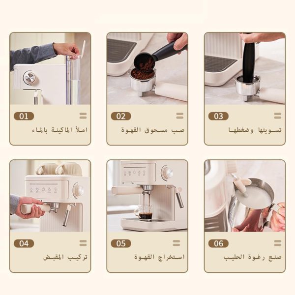 ⁦ماكينة تحضير الاسبريسو الاحترافية 20 بار من جير زون مع عصا بخار لصنع رغوة الحليب، ماكينة تحضير قهوة الاسبريسو والكابتشينو واللاتيه للمنزل، خزان مياه قابل للازالة سعة 1.8 لتر (ابيض)⁩ - الصورة ⁦5⁩