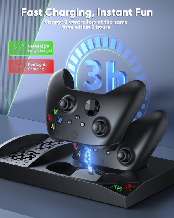 ⁦حامل شاحن مع مروحة تبريد لوحدة تحكم Xbox Series S ووحدة تحكم ، ملحقات قاعدة شحن عمودية مزدوجة مع 2 × 1400 مللي أمبير بطارية قابلة لإعادة الشحن وغطاء ، حامل سماعة أذن لـ XBOX (أسود)، من مينيا، يو اس بي⁩ - الصورة ⁦3⁩