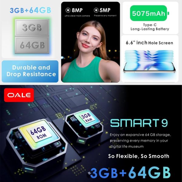 ⁦اول سمارت 9 6.6 انش ثنائي شرائح الاتصال 3GB RAM 64GB روم 5075mAh بطارية كبيرة 4G (رمادي تيتانيوم)⁩ - الصورة ⁦3⁩