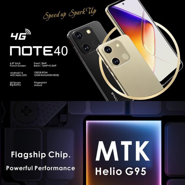 ⁦NOTE 40, Android 14, 6.8 Inch Screen, 12GB (4GB + 8GB) RAM, 128GB Internal Memory, 5075mAh Battery, 8MP+16MP+0.3MP High-Resolution Camera, 4G (Gold)⁩ - الصورة ⁦2⁩