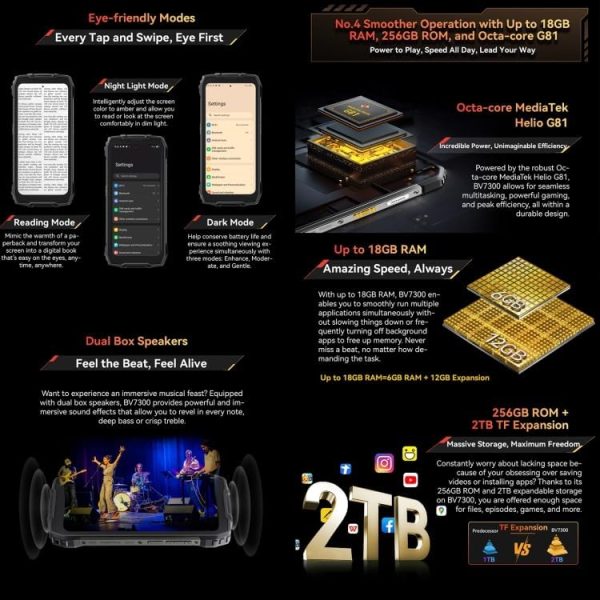 ⁦هاتف بلاك فيو BV7300 المتين 6GB+256GB، IP68/IP69K/MIL-STD-810H، 6.66 انش اندرويد 14 بطارية 5000mAh، شحن سريع 45 واط، شبكة: 4G، او تي جي (اسود)⁩ - الصورة ⁦8⁩