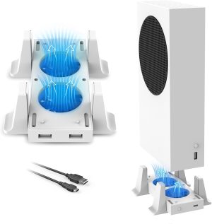 نيكسي جو حامل عمودي مع مراوح تبريد لوحدة تحكم Xbox Series S، مراوح قابلة للتعديل 3 مستويات سرعة دوران مع مدخل طاقة من النوع سي، منافذ شحن USB ونقل البيانات، ابيض، أكريليك