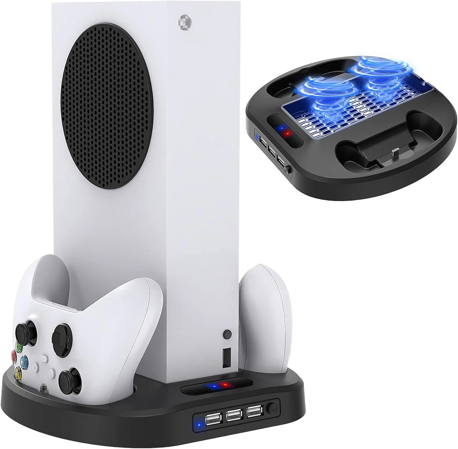 مينيا حامل شحن عمودي لوحدات تحكم Xbox Series S مع مروحة تبريد، قاعدة شحن مع مؤشر LED و3 محاور USB، لPC، ابيض