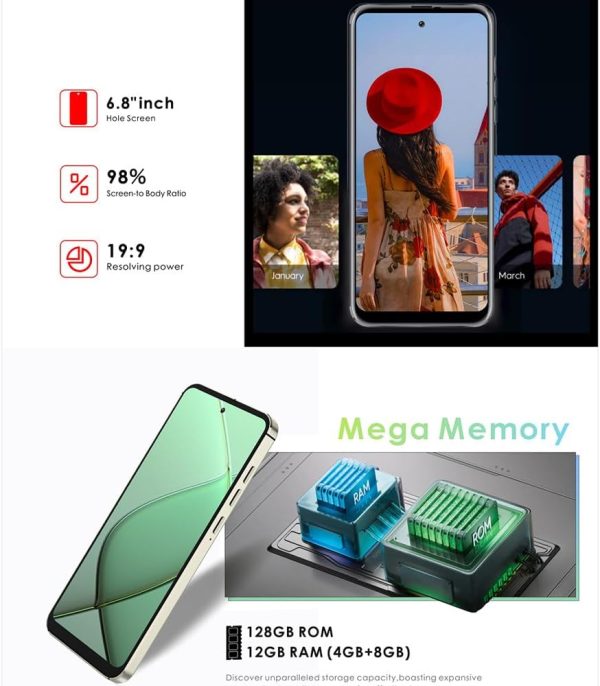 ⁦NOTE 40, Android 14, 6.8 Inch Screen, 12GB (4GB + 8GB) RAM, 128GB Internal Memory, 5075mAh Battery, 8MP+16MP+0.3MP High-Resolution Camera, 4G (Gold)⁩ - الصورة ⁦3⁩