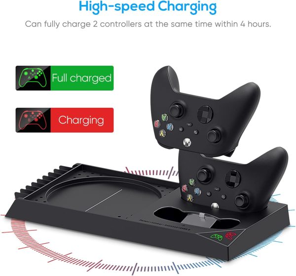⁦حامل تبريد عمودي متوافق مع Xbox Series X مروحة قاعدة 10 منظم تخزين الالعاب وحدة التحكم وسماعة الراس 2 × 1400 mAh بطارية قابلة لاعادة الشحن لPC يو اس بي أسود أكريلونيتريل بوتادين ستايرين⁩ - الصورة ⁦2⁩