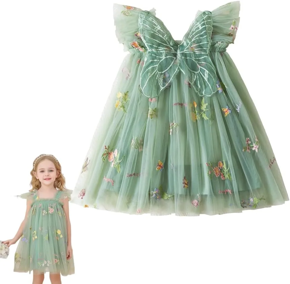 Azonee Toddler Girl Tulle Dress with Floral Embroidery, Sleeveless Summer Casual Knee-Length for Baby Girls Party Wedding Holiday Children's Mesh Princess Fluffy(100CM Green)