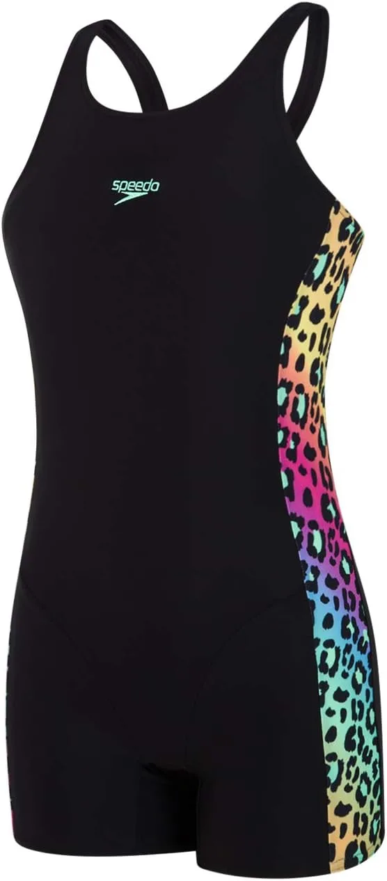 Speedo JungleGlare Allover Panel Leaderback Girls Legsuit, Black/Green Glow, 15-16 Years