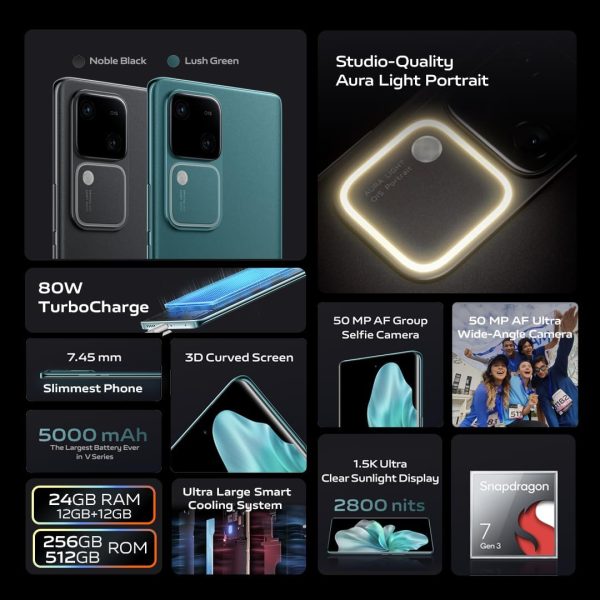 ⁦vivo V30 5G (Noble Black, 12GB+12GB RAM, 256GB) | Slimmest 3D Curved 1.5K AMOLED 120Hz Display | 50MP AF Group Selfie | Aura Light OIS | Online Exclusive Bundle, 24M Warranty & 12M Screen Replacement⁩ - الصورة ⁦3⁩