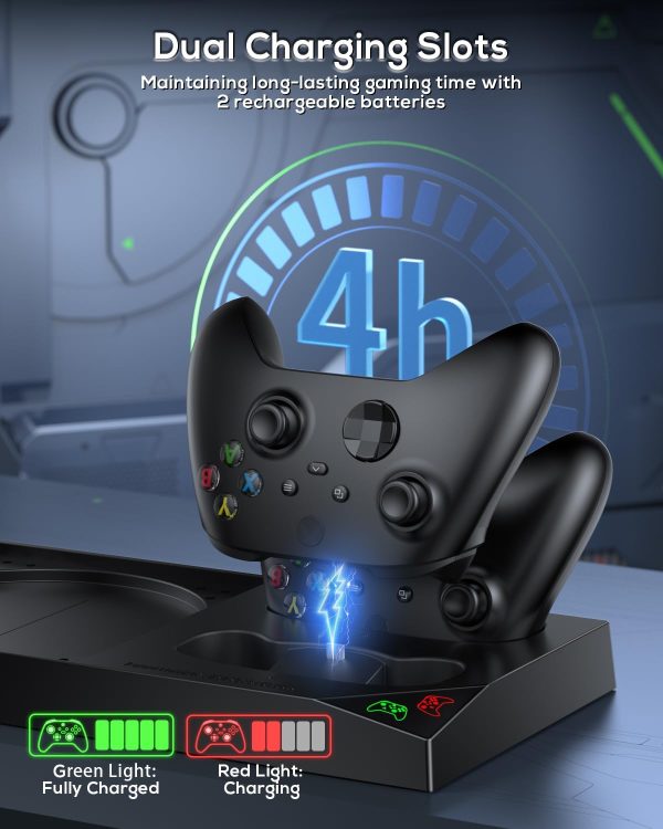⁦مينيا مروحة تبريد وحامل شحن لوحدة تحكم Xbox Series X ووحدة التحكم، مجموعة ملحقات قاعدة شحن مزدوجة بنظام تبريد عمودي مع 2 × بطارية قابلة لاعادة الشحن 1400mAh وغطاء تخزين، أكريلونيتريل بوتادين ستايرين⁩ - الصورة ⁦4⁩