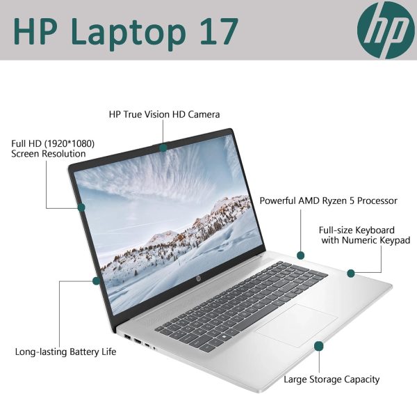 ⁦HP لابتوب 17.3 انش، شاشة FHD (1920×1080)، معالج AMD رايزن 5 (افضل من i7-11370H)، ذاكرة RAM 32GB، SSD 1TB، ويندوز 11 هوم، كاميرا ويب، واي فاي، بلوتوث، فضي طبيعي، ملحق الباكاتيك⁩ - الصورة ⁦3⁩