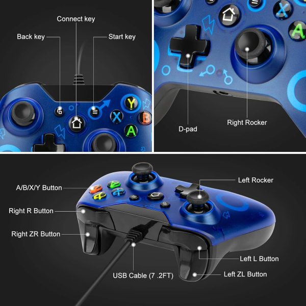 ⁦فوكسينيا وحدة تحكم سلكية متوافقة مع Xbox One/One S/One X/One Elite/Windows PC، وحدة تحكم عن بعد سلكية USB لالعاب الكمبيوتر مع مقبس سماعة راس [احدث اصدار 2021] (ازرق)⁩ - الصورة ⁦2⁩