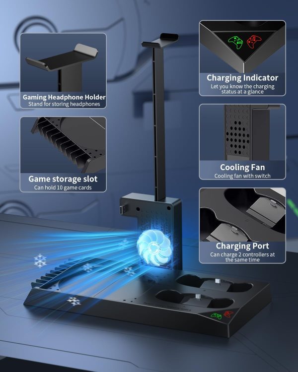 ⁦مينيا مروحة تبريد وحامل شحن لوحدة تحكم Xbox Series X ووحدة التحكم، مجموعة ملحقات قاعدة شحن مزدوجة بنظام تبريد عمودي مع 2 × بطارية قابلة لاعادة الشحن 1400mAh وغطاء تخزين، أكريلونيتريل بوتادين ستايرين⁩ - الصورة ⁦2⁩
