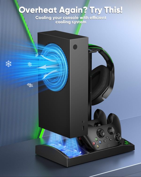 ⁦حامل شاحن مع مروحة تبريد لوحدة تحكم Xbox Series S ووحدة تحكم ، ملحقات قاعدة شحن عمودية مزدوجة مع 2 × 1400 مللي أمبير بطارية قابلة لإعادة الشحن وغطاء ، حامل سماعة أذن لـ XBOX (أسود)، من مينيا، يو اس بي⁩ - الصورة ⁦6⁩