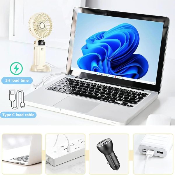 ⁦مروحة محمولة من يو تي جيه سي ان في سي بسعة 6000 مللي امبير في الساعة، قابلة لاعادة الشحن بمنفذ USB، 5 سرعات مع دعم، مع رؤية رقمية LCD للمكتب والاماكن الخارجية والمنزل والرحلات (بيج)⁩ - الصورة ⁦7⁩