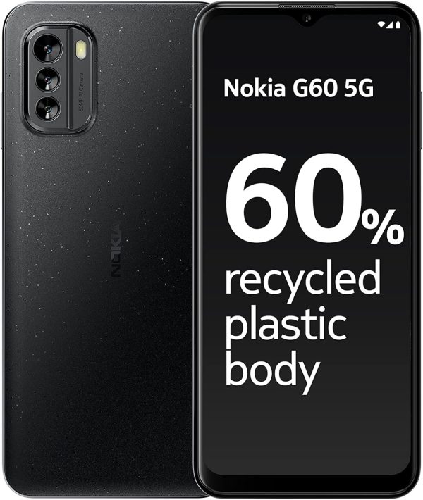 هاتف نوكيا G60 شاشة 658 انش HD 120Hz 4GB RAM تخزين 64GB ترقية نظام اندرويد 12 و3 كاميرا خلفية 50MP بتقنية AI ضمان 3 سنوات مصنع 60% من البلاستيك المعاد بطارية تدوم ليومين، اسود شريحة مزدوجة