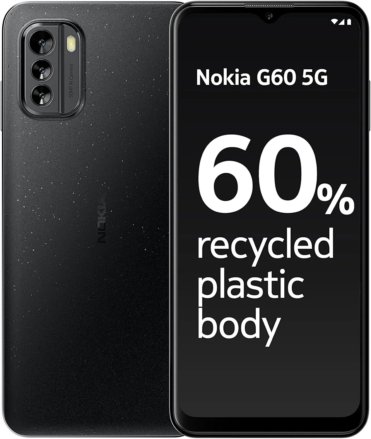 هاتف نوكيا G60 شاشة 658 انش HD 120Hz 4GB RAM تخزين 64GB ترقية نظام اندرويد 12 و3 كاميرا خلفية 50MP بتقنية AI ضمان 3 سنوات مصنع 60% من البلاستيك المعاد بطارية تدوم ليومين، اسود شريحة مزدوجة