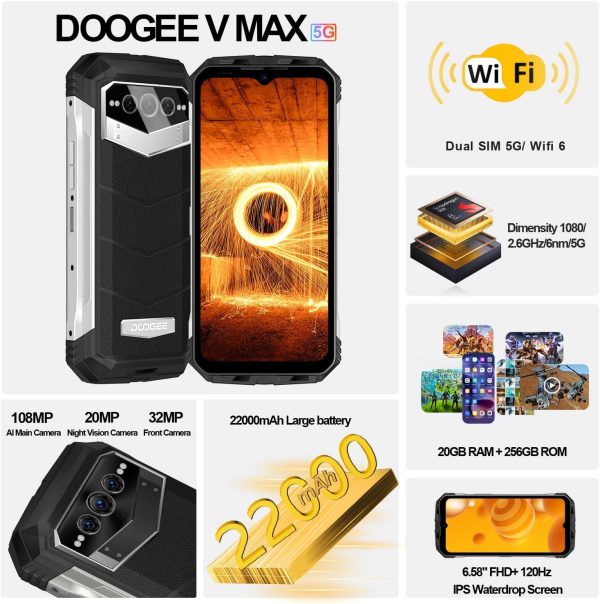 ⁦دوجي جوال في ماكس 2023 5G متين 22000mAh 20GB+256GB اندرويد 12 120Hz 6.55 انش مكبرات صوت مزدوجة عالية الدقة كاميرا رئيسية 108MP رؤية ليلية ان اف سي او تي جي فضي أحادية الشريحة⁩ - الصورة ⁦2⁩