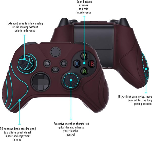 ⁦اكستريم رايت غطاء حماية من السيليكون لذراع التحكم اللاسلكي لجهاز Xbox Core اصدار الساموراي من بلاي فيتال بلون احمر نبيذي مع مقابض ابهام⁩ - الصورة ⁦3⁩