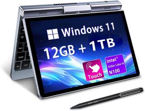 لابتوب صغير محمول 8 انش من كوتيجرز، كمبيوتر جيب دوار 2 في 1، ويندوز 11 برو، انتل N100 رباعي النواة، 12GB LPDDR5 RAM، 1TB M.2 SSD، شاشة لمس HD، واي فاي 6، جيجابت ايثرنت