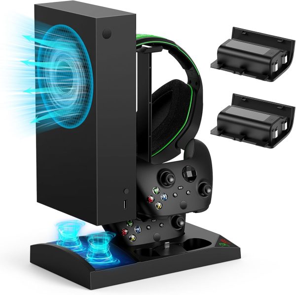 حامل شاحن مع مروحة تبريد لوحدة تحكم Xbox Series S ووحدة تحكم ، ملحقات قاعدة شحن عمودية مزدوجة مع 2 × 1400 مللي أمبير بطارية قابلة لإعادة الشحن وغطاء ، حامل سماعة أذن لـ XBOX (أسود)، من مينيا، يو اس بي
