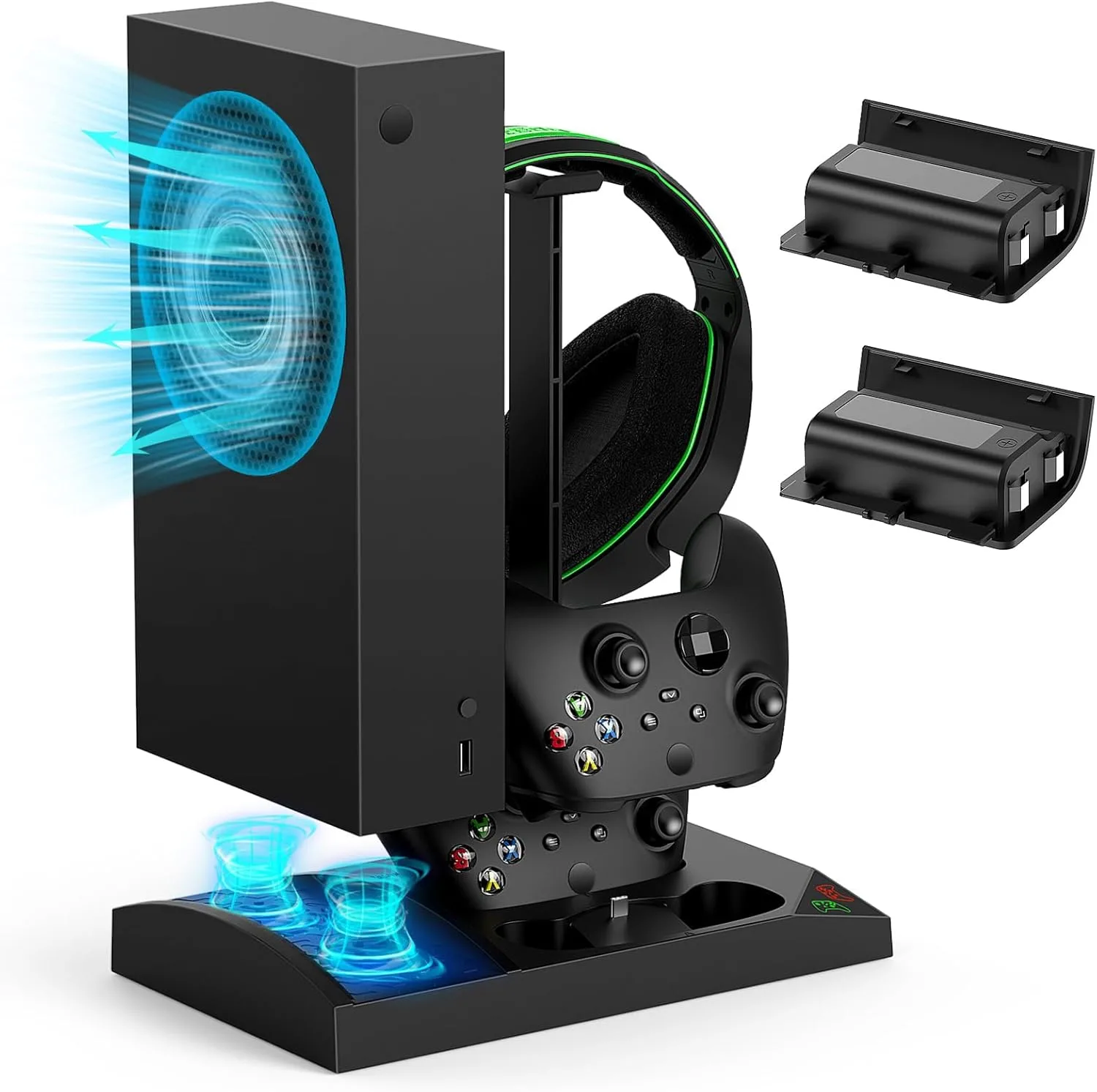 حامل شاحن مع مروحة تبريد لوحدة تحكم Xbox Series S ووحدة تحكم ، ملحقات قاعدة شحن عمودية مزدوجة مع 2 × 1400 مللي أمبير بطارية قابلة لإعادة الشحن وغطاء ، حامل سماعة أذن لـ XBOX (أسود)، من مينيا، يو اس بي