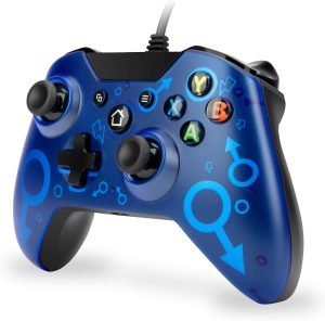 فوكسينيا وحدة تحكم سلكية متوافقة مع Xbox One/One S/One X/One Elite/Windows PC، وحدة تحكم عن بعد سلكية USB لالعاب الكمبيوتر مع مقبس سماعة راس [احدث اصدار 2021] (ازرق)