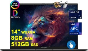 اسس لابتوب زينبوك 14 OLED للاعمال بالذكاء الاصطناعي بشاشة لمس 14 انش WUXGA OLED (550 نيت 100% DCI-P3 لامع) انتل 14 كور الترا 5 125H 8GB RAM 512GB SSD باضاءة خلفية ثاندربولت هارمان/كاردون ويندوز 11 مع