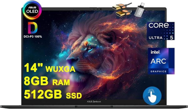 اسس لابتوب زينبوك 14 OLED للاعمال بالذكاء الاصطناعي بشاشة لمس 14 انش WUXGA OLED (550 نيت 100% DCI-P3 لامع) انتل 14 كور الترا 5 125H 8GB RAM 512GB SSD باضاءة خلفية ثاندربولت هارمان/كاردون ويندوز 11 مع