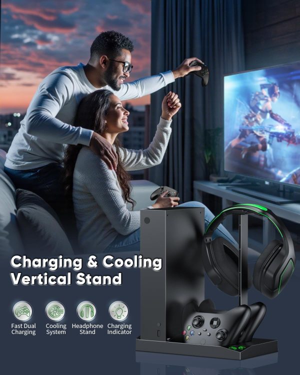 ⁦حامل شاحن مع مروحة تبريد لوحدة تحكم Xbox Series S ووحدة تحكم ، ملحقات قاعدة شحن عمودية مزدوجة مع 2 × 1400 مللي أمبير بطارية قابلة لإعادة الشحن وغطاء ، حامل سماعة أذن لـ XBOX (أسود)، من مينيا، يو اس بي⁩ - الصورة ⁦7⁩