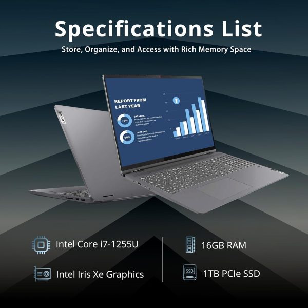 ⁦لينوفو لابتوب ايديا باد فليكس 5 16 انش 2 في 1 بشاشة لمس 2.5K IPS ومعالج انتل كور i7-1255U وذاكرة RAM 16GB وSSD 1TB وكيبورد باضاءة خلفية وقارئ بصمة وويندوز 11 برو وبطاقة USB 32GB، رمادي ستورم⁩ - الصورة ⁦2⁩