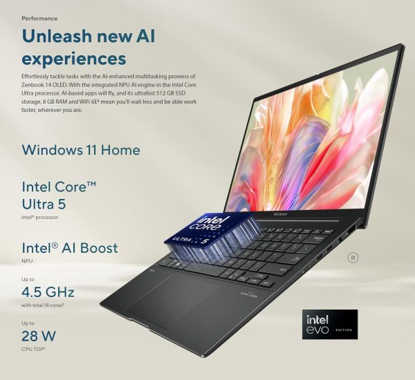 ⁦اسس لابتوب زين بوك 14 OLED WUXGA رفيع باللمس كوبايلوت AI 2024، انتل الترا 5-125H 14 نواة (افضل من i7-1370P)، واي فاي 6E، كاميرا ويب FHD، 2X ثاندربولت 4، ويندوز 11 برو، مع HDMI (8GB LPDDR5 RAM | 512GB⁩ - الصورة ⁦2⁩