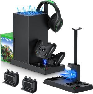 مينيا مروحة تبريد وحامل شحن لوحدة تحكم Xbox Series X ووحدة التحكم، مجموعة ملحقات قاعدة شحن مزدوجة بنظام تبريد عمودي مع 2 × بطارية قابلة لاعادة الشحن 1400mAh وغطاء تخزين، أكريلونيتريل بوتادين ستايرين