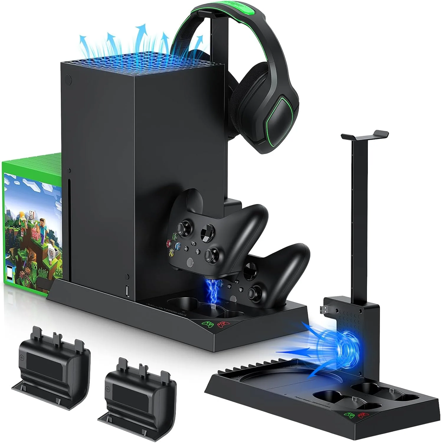 مينيا مروحة تبريد وحامل شحن لوحدة تحكم Xbox Series X ووحدة التحكم، مجموعة ملحقات قاعدة شحن مزدوجة بنظام تبريد عمودي مع 2 × بطارية قابلة لاعادة الشحن 1400mAh وغطاء تخزين، أكريلونيتريل بوتادين ستايرين