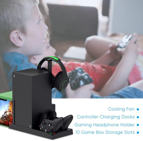 ⁦حامل تبريد عمودي متوافق مع Xbox Series X مروحة قاعدة 10 منظم تخزين الالعاب وحدة التحكم وسماعة الراس 2 × 1400 mAh بطارية قابلة لاعادة الشحن لPC يو اس بي أسود أكريلونيتريل بوتادين ستايرين⁩ - الصورة ⁦7⁩