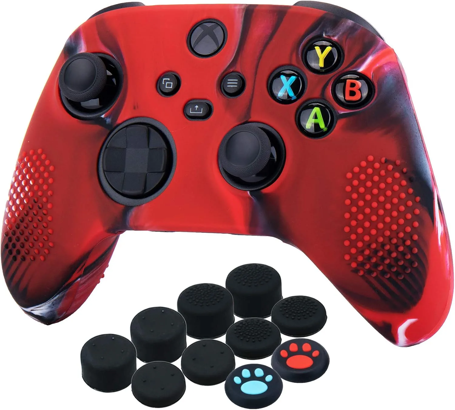 يورا جراب من السيليكون لذراع تحكم Xbox Series X / S × 1 (احمر مموه) مع مقابض ابهام × 10