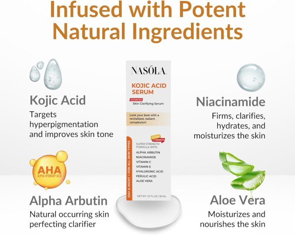 ⁦Nasola Kojic Acid Serum for Skin Clarifying, Complexion Revitalization Fade Cream with Alpha Arbutin, Vitamin C & E, & Niacinamide⁩ - الصورة ⁦3⁩