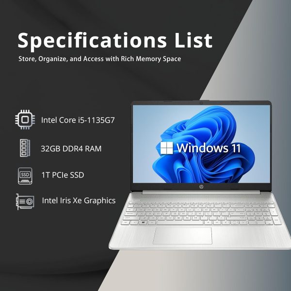⁦HP لابتوب 15.6 انش FHD، انتل i5-1135G7، 32GB DDR4 RAM، 1TB PCIe SSD، بطاقة رسومات انتل ايريس Xe، كاميرا ويب HD، مكبرات صوت ستيريو، ويندوز 11، فضي، بطاقة USB 32GB⁩ - الصورة ⁦2⁩