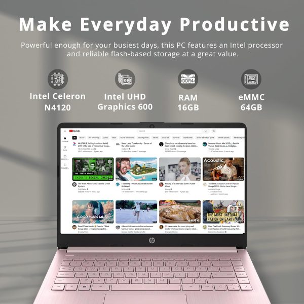 ⁦HP لابتوب بريميوم ستريم 14 انش HD برايت فيو بمعالج انتل سيليرون N4120 وذاكرة RAM 16GB وذاكرة eMMC 64GB وبطاقة عرض مرئي UHD وكاميرا ويب HD واوفيس 365 لمدة عام وبلوتوث وواي فاي وHDMI وويندوز 11s وبطاقة⁩ - الصورة ⁦2⁩