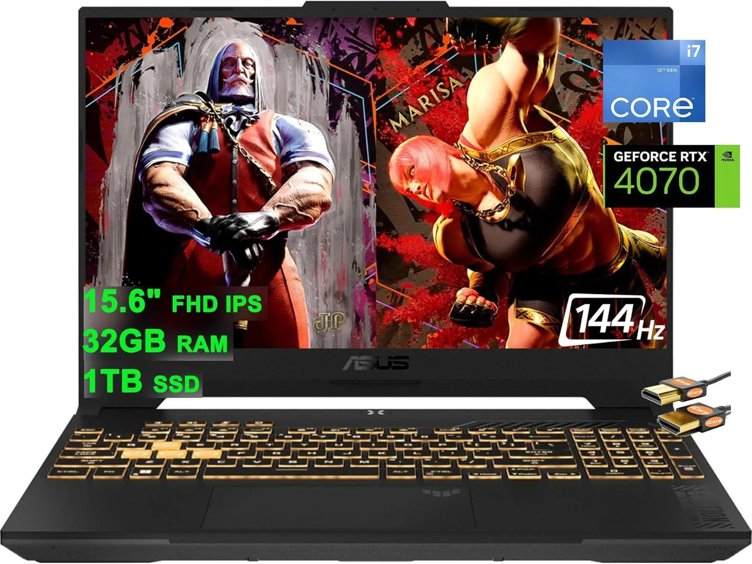 لابتوب تي يو اف F15|15.6 بوصة|144 هرتز وانتل 14-كور i7-12700H (أفضل من 11950H-32GB)|رام 32 جيحا|SSD 1 تيرا|جيفورس RTX 4070 8 جيجا|إضاءة خلفية ثاندربولت 4|USB-C|ويندوز 11 من اسوس، لون رمادي+كيبل HDMI
