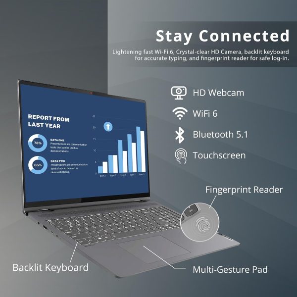 ⁦لينوفو لابتوب ايديا باد فليكس 5 16 انش 2 في 1 بشاشة لمس 2.5K IPS ومعالج انتل كور i7-1255U وذاكرة RAM 16GB وSSD 1TB وكيبورد باضاءة خلفية وقارئ بصمة وويندوز 11 برو وبطاقة USB 32GB، رمادي ستورم⁩ - الصورة ⁦4⁩