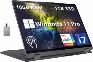 لينوفو لابتوب ايديا باد فليكس 5 16 انش 2 في 1 بشاشة لمس 2.5K IPS ومعالج انتل كور i7-1255U وذاكرة RAM 16GB وSSD 1TB وكيبورد باضاءة خلفية وقارئ بصمة وويندوز 11 برو وبطاقة USB 32GB، رمادي ستورم