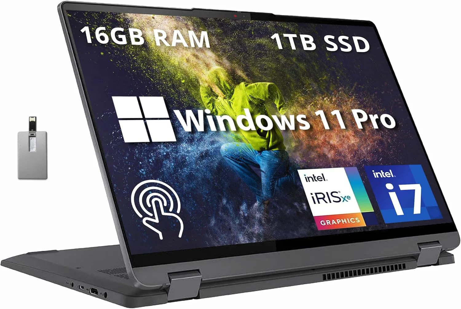 لينوفو لابتوب ايديا باد فليكس 5 16 انش 2 في 1 بشاشة لمس 2.5K IPS ومعالج انتل كور i7-1255U وذاكرة RAM 16GB وSSD 1TB وكيبورد باضاءة خلفية وقارئ بصمة وويندوز 11 برو وبطاقة USB 32GB، رمادي ستورم