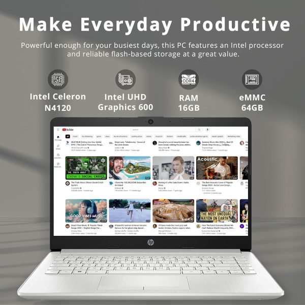 ⁦HP 2022 Stream 14" HD Laptop, AMD Athlon Silver 3050U Processor, 16GB RAM, 512GB SSD, 720p HD Webcam, AMD Radeon Graphics, Bluetooth, Windows 10 Home, Silver, 32GB SnowBell USB Card⁩ - الصورة ⁦2⁩